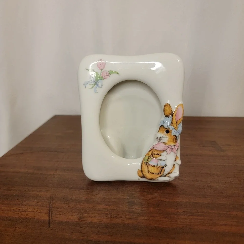 Vintage Ceramic Japan Picture Frame Bunny Easter Decor Cottagecore Floral Table
